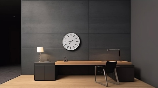 un gros plan d'un bureau avec une horloge sur le mur