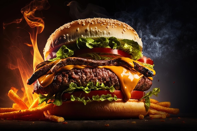 Gros plan d'un burger juteux avec des frites, il a l'air très délicieux Grand hamburger sandwich au boeuf juteux burger fromage tomate et oignon rouge