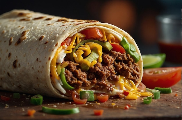 Un gros plan d'un burrito coupé en deux pour révéler le