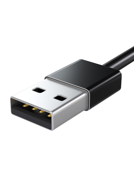 Gros plan sur un câble de données USB noir blanc isolé sur l'illustration d'arrière-plans. connexion cordon usb. Charger