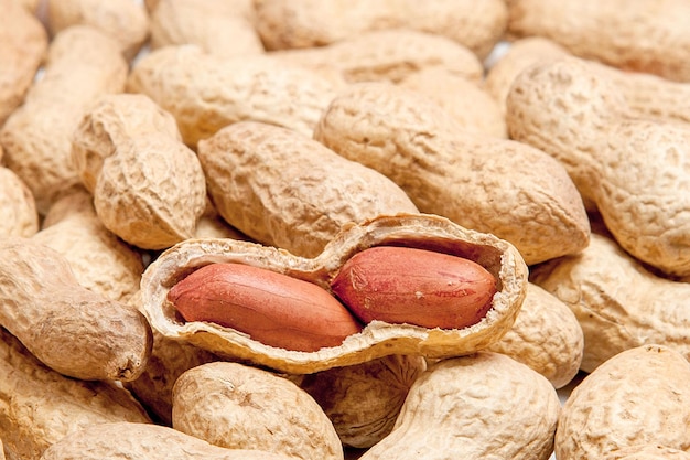 Gros plan de cacahuètes pelées de haricots dans la coquille Cacahuètes non pelées dans la coquille Arachides pour le fond ou la texture Macro de protéines organiques en croissance
