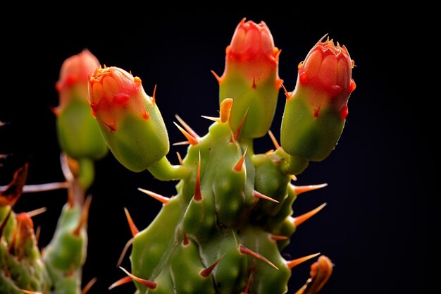 un gros plan d'un cactus avec de minuscules bourgeons de fleurs