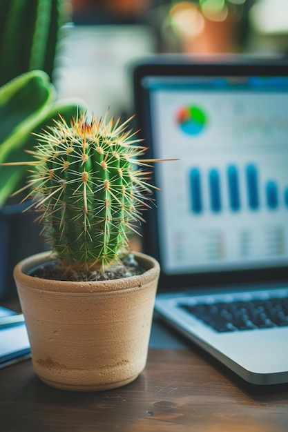 un gros plan d'un cactus près d'un ordinateur portable dans le bureau