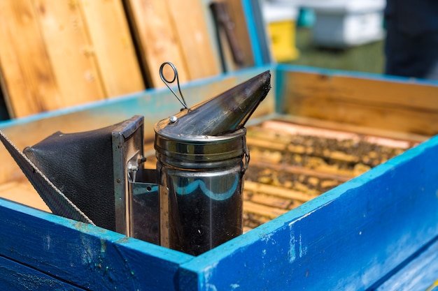 Gros plan d'un cadre avec un nid d'abeilles en cire de miel avec des abeilles dessus. Flux de travail du rucher.