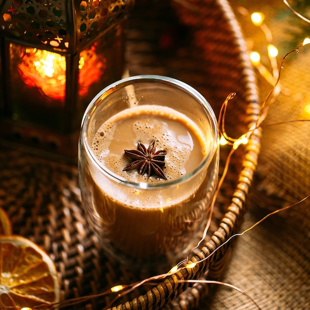 Gros plan sur le café latte à l'anis étoilé dans un panier avec guirlande festive