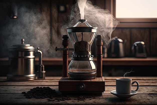 Gros plan sur une cafetière geyser avec de la vapeur et de l'eau chaude qui coule