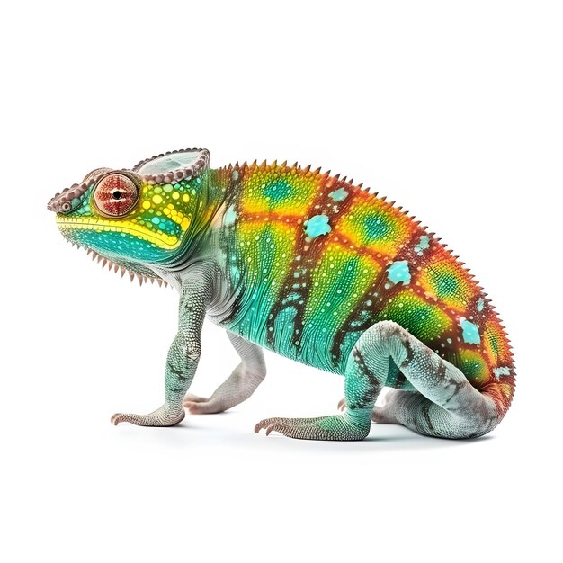 un gros plan d'un caméléon coloré assis sur une surface blanche IA générative