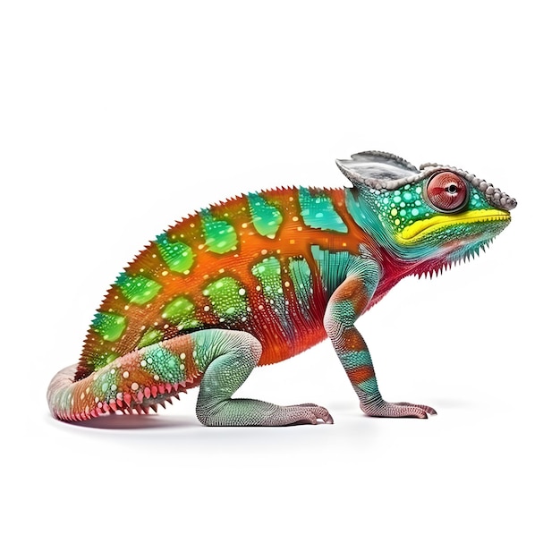 un gros plan d'un caméléon coloré assis sur une surface blanche IA générative