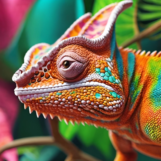 Un gros plan d'un caméléon qui se fond parfaitement dans son environnement tropical coloré