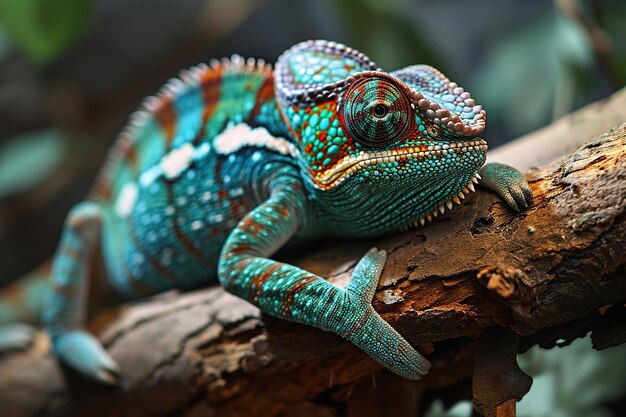 gros plan d'un caméléon vert sur une branche