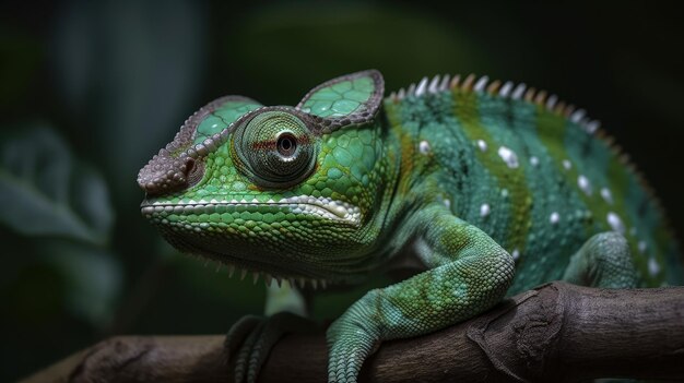 Un gros plan d'un camélon vert sur une branche IA générative