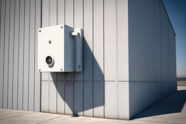 Gros plan d'une caméra de sécurité sur le mur d'un bâtiment moderne généré par l'IA