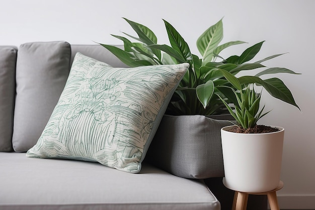 Un gros plan d'un canapé avec un oreiller et une plante générative ai