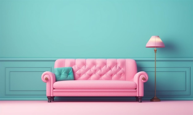Un gros plan d'un canapé rose dans une pièce bleue