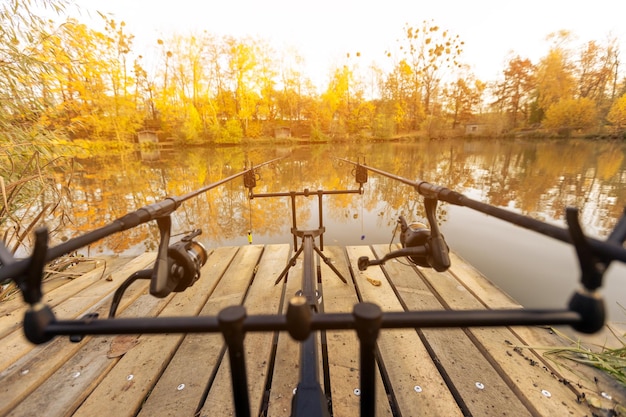 Gros plan de cannes à pêche au bord du lac concept de pêche