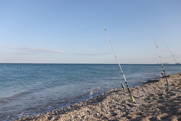 Gros plan de cannes à pêche sur la mer plage bord de mer paysage pêcherie de poissons et concept de fishrod