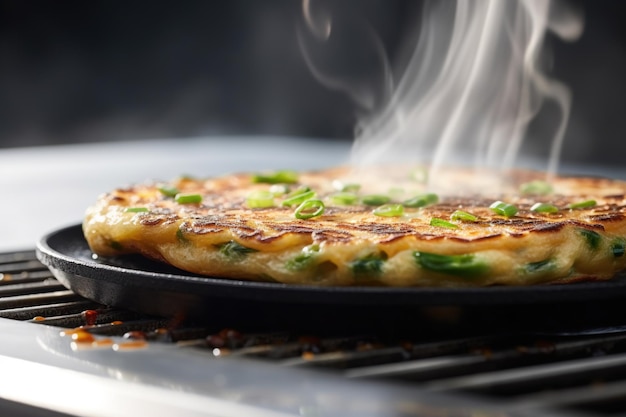 Gros plan captivant d'une crêpe aux oignons verts habilement retournée dans une poêle chaude capturée