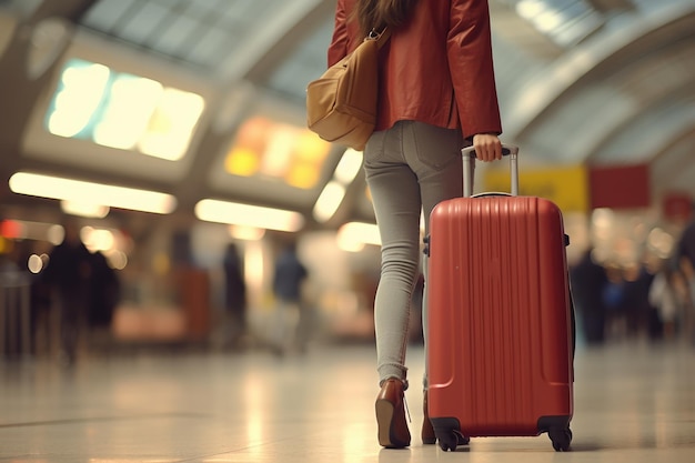 Un gros plan capture une valise moderne symbolisant le voyage et l'aventure alors qu'une femme attend son voyage à l'aéroport mélangeant style et fonctionnalité parfaitement