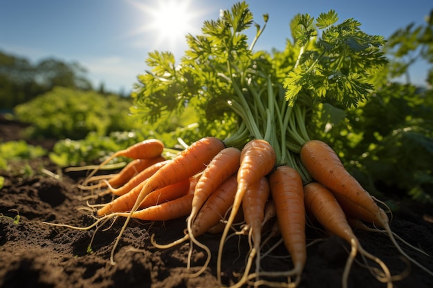 Gros plan de carottes fraîchement cueillies dans le champ de l'agriculteur pour célébrer la récolte de produits biologiques sains