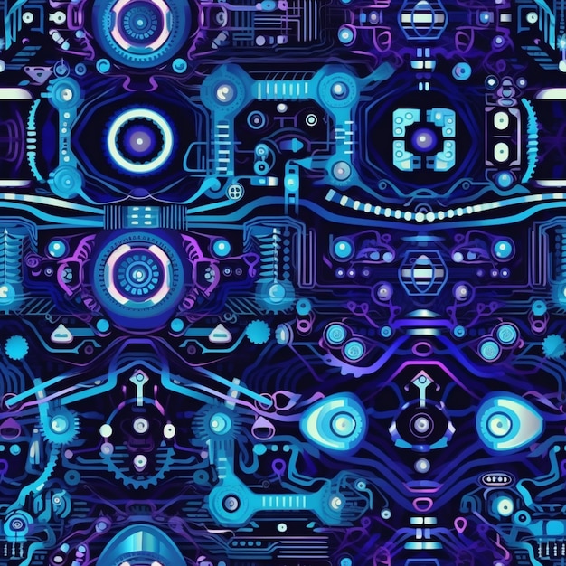 un gros plan d'une carte de circuit électronique bleue et violette ai générative