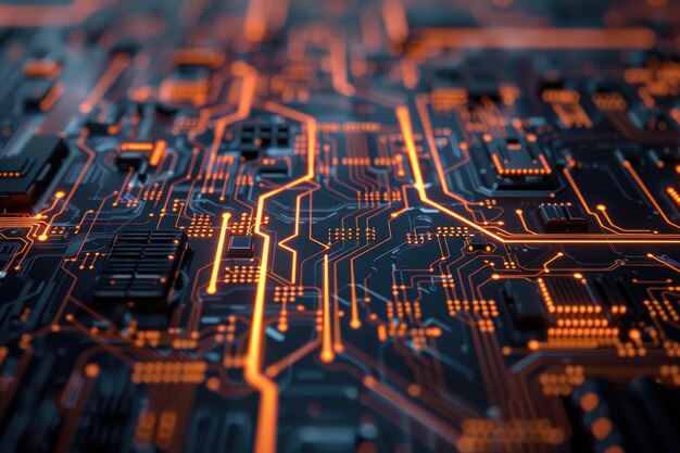 Un gros plan d'une carte de circuit imprimé avec de nombreux petits composants orange et noirs par une image générée par AI