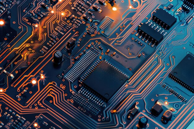 Un gros plan d'une carte de circuit imprimé avec de nombreux petits composants orange et noirs par une image générée par AI
