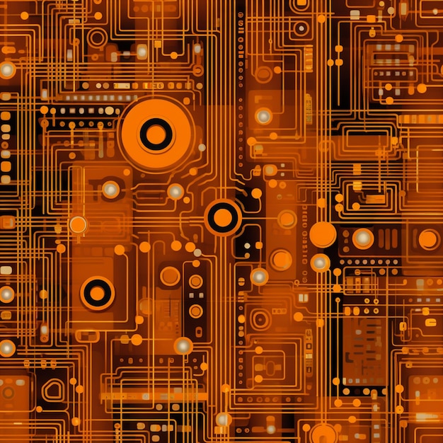 un gros plan d'une carte de circuit d'ordinateur avec des cercles oranges génératifs ai