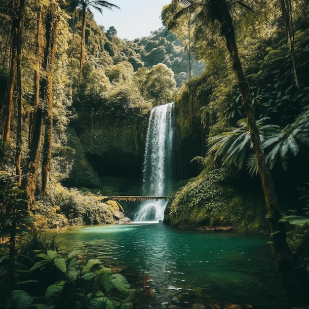 un gros plan d'une cascade dans une forêt avec un pont génératif ai