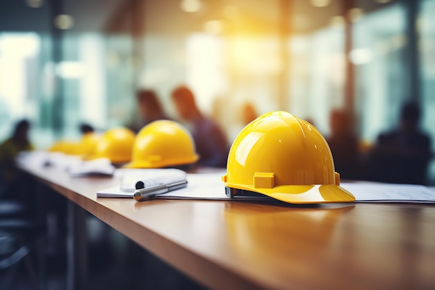 Gros plan d'un casque jaune avec des équipes d'ingénieurs réunies sur une table au bureau