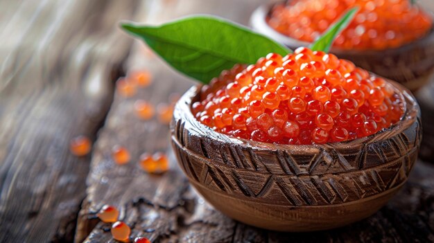 Un gros plan de caviar rouge dans des bols de bois ornés garnis d'une feuille