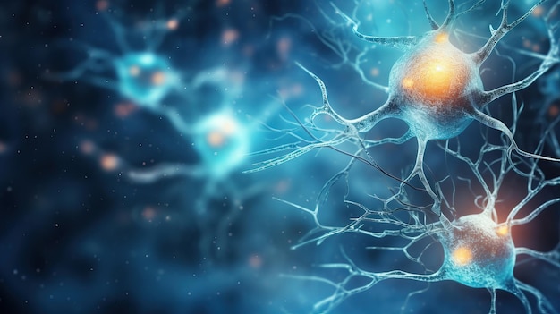 Un gros plan d'une cellule neuronale avec une lumière bleue brillante