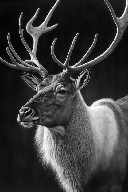 Photo un gros plan d'un cerf avec des bois sur un fond noir ai générative