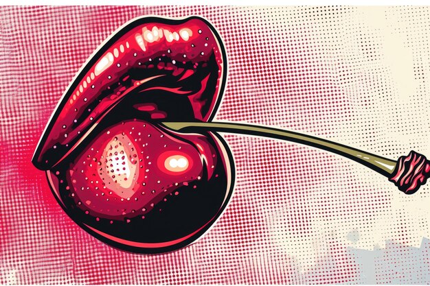 Photo un gros plan d'une cerise avec un bâton dans la bouche popart effet demi-tone rétro