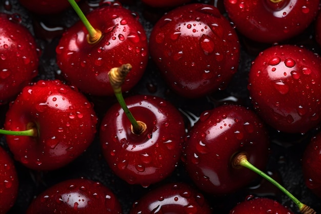 Un gros plan de cerises avec des gouttelettes d'eau sur eux