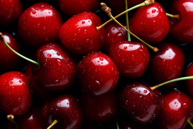 Un gros plan de cerises avec des gouttelettes d'eau sur eux