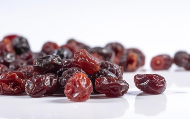 Un gros plan de cerises séchées confites sur fond blanc généré par ai