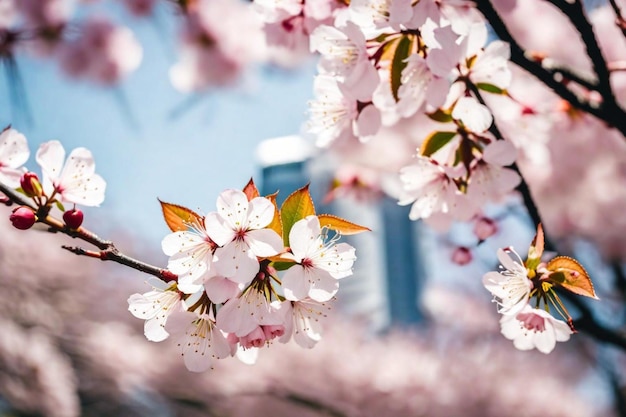 un gros plan d'un cerisier en fleurs avec un bâtiment en arrière-plan