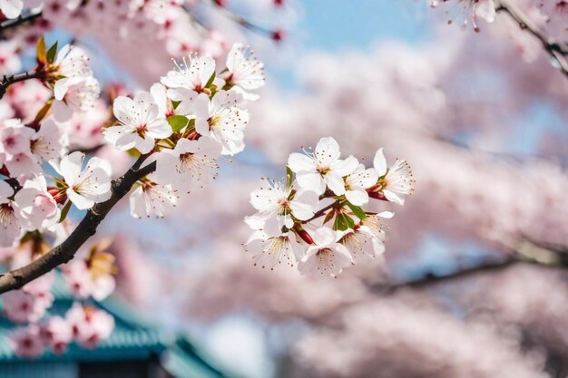 Photo un gros plan d'un cerisier en fleurs avec un toit vert