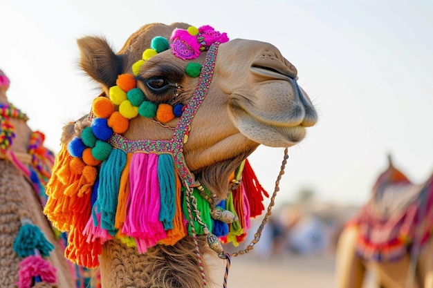 un gros plan d'un chameau portant une coiffure colorée