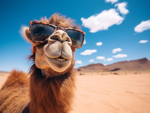 gros plan d'un chameau souriant avec des lunettes dans le désert généré ai