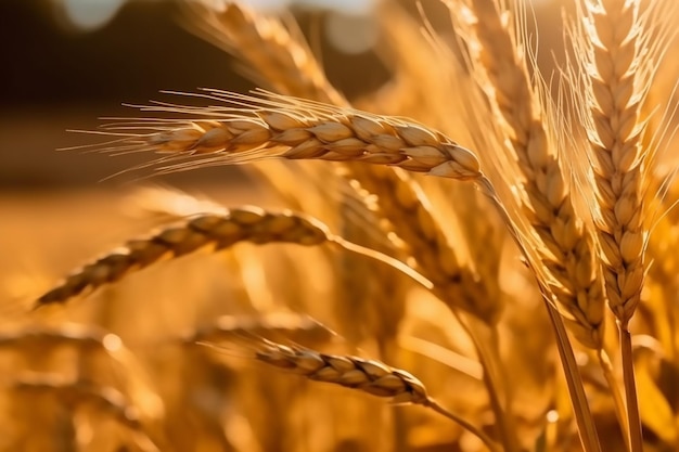 Gros plan d'un champ de blé avec le soleil qui brille