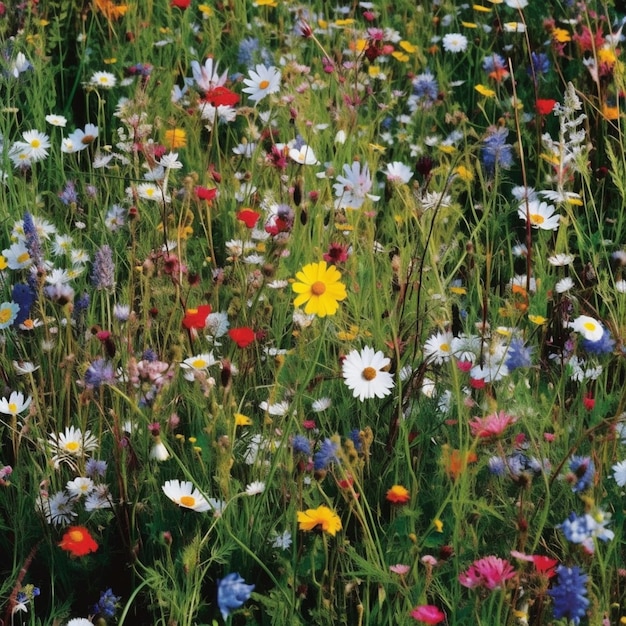 Un gros plan d'un champ de fleurs sauvages avec un oiseau au milieu