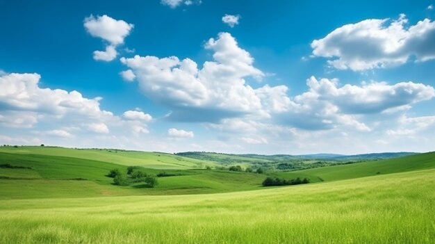 un gros plan d'un champ avec un fond de ciel et des nuages génératifs ai