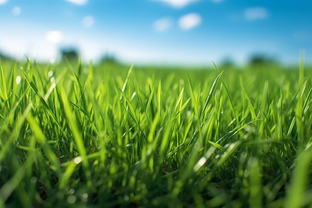 Un gros plan d'un champ d'herbe verte avec le ciel en arrière-plan