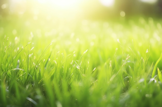 Un gros plan d'un champ d'herbe verte avec le soleil qui brille dessus.