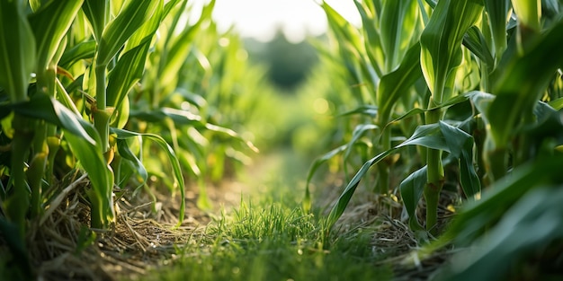 Un gros plan d'un champ de maïs avec un chemin au milieu