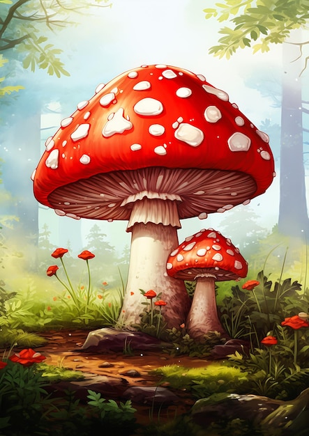Gros plan champignon forêt sol arbres sort icône utilisé couleur vive rouge montre grand dessin animé mignon