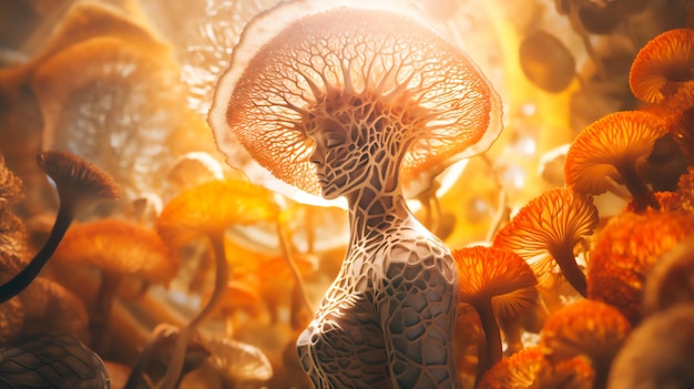 un gros plan d'un champignon médicinal vibrant avec des motifs complexes et des tons terreux symbolisant