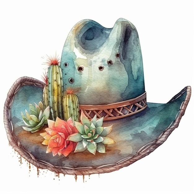 Photo un gros plan d'un chapeau avec un cactus et des fleurs dessus