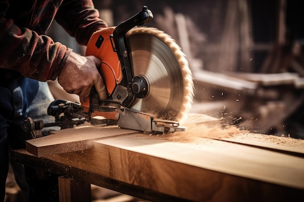 Gros plan charpentier avec scie circulaire